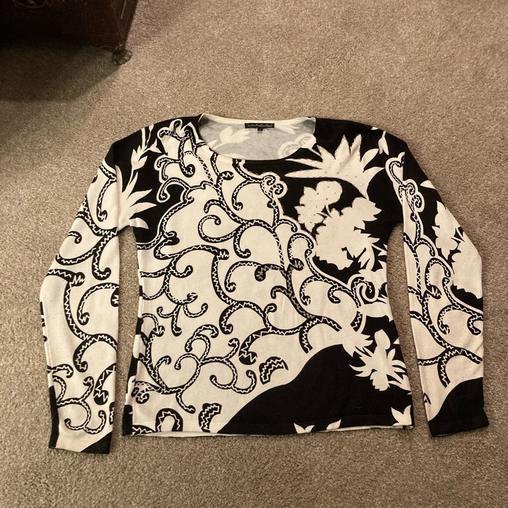 Black and white sweater with rhinestone accents-size small, but fits larger